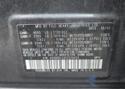 2012 Subaru Outback 3.6R Limited from USA, damaged, VIN 4S4BRDLC0C2216432